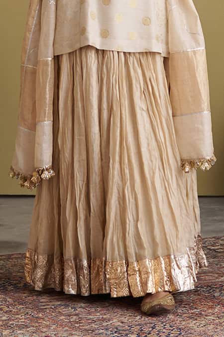Shop_Vaaya_Gold Chanderi Silk Gota Patti, Tassels Crushed Lehenga _Online_at_Aza_Fashions