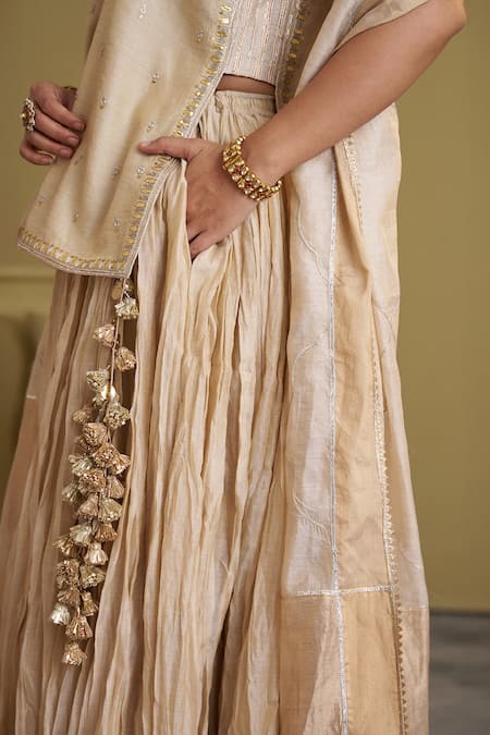 Vaaya_Gold Chanderi Silk Gota Patti, Tassels Crushed Lehenga _at_Aza_Fashions