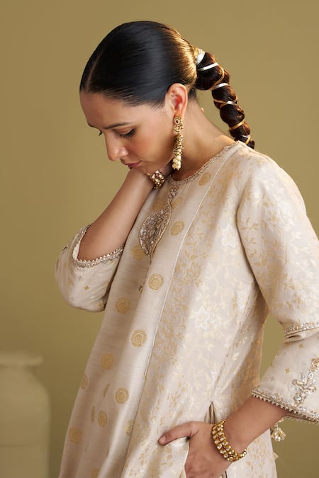 Vaaya_Gold Silk Gota Patti, Sequins, Zari, Embroidery Banarasi Muga Zardozi Tunic _Online_at_Aza_Fashions