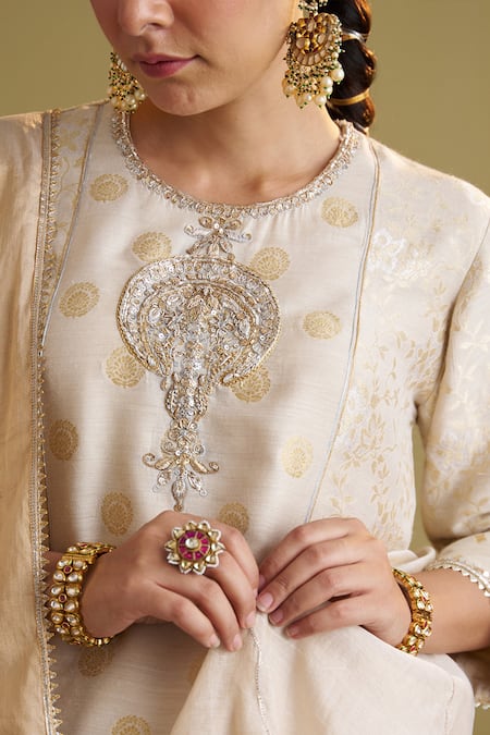 Vaaya_Gold Silk Gota Patti, Sequins, Zari, Embroidery Banarasi Muga Zardozi Tunic _at_Aza_Fashions