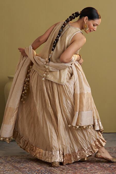 Shop_Vaaya_Gold Chanderi, Tissue, Silk Gota Patti, Tassels Work And Mercerized Dupatta _Online_at_Aza_Fashions