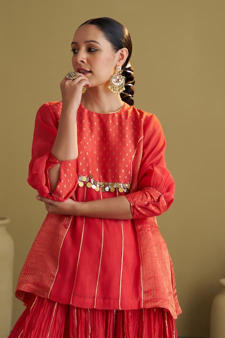 Buy_Vaaya_Red Silk, Chanderi, Brocade Gota Patti, Metallic Thread Round And Banarasi Tunic _Online_at_Aza_Fashions