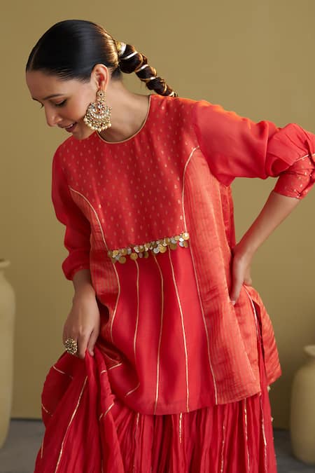 Shop_Vaaya_Red Silk, Chanderi, Brocade Gota Patti, Metallic Thread Round And Banarasi Tunic _Online_at_Aza_Fashions
