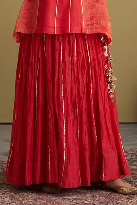 Vaaya_Red Chanderi Gota Patti, Tassels Crushed Mul Handwork Lehenga _at_Aza_Fashions