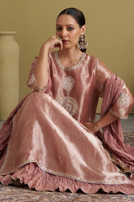 Shop_Vaaya_Rose Gold Chanderi Gota Patti, Embroidery Crushed Handwork Dupatta _Online_at_Aza_Fashions