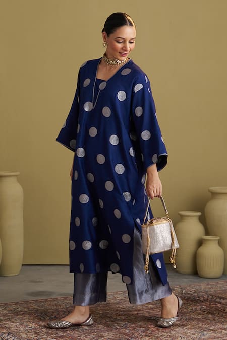 Vaaya_Navy Brocade, Silk, Tissue Piping Split V-neck Polka Dot Kurta And Pant Set _Online_at_Aza_Fashions