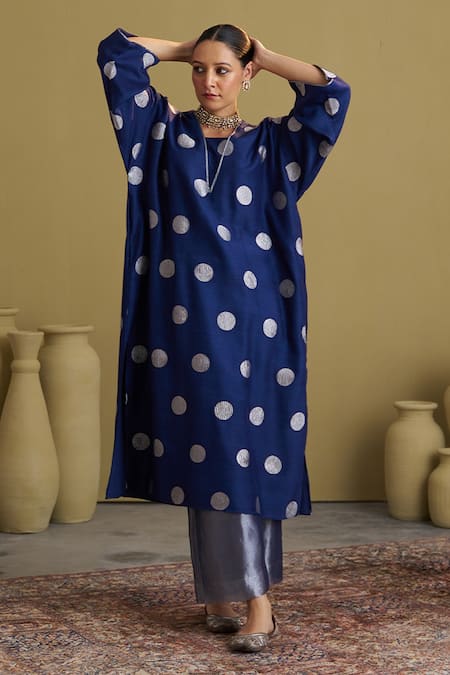 Buy_Vaaya_Navy Brocade, Silk, Tissue Piping Split V-neck Polka Dot Kurta And Pant Set _Online_at_Aza_Fashions