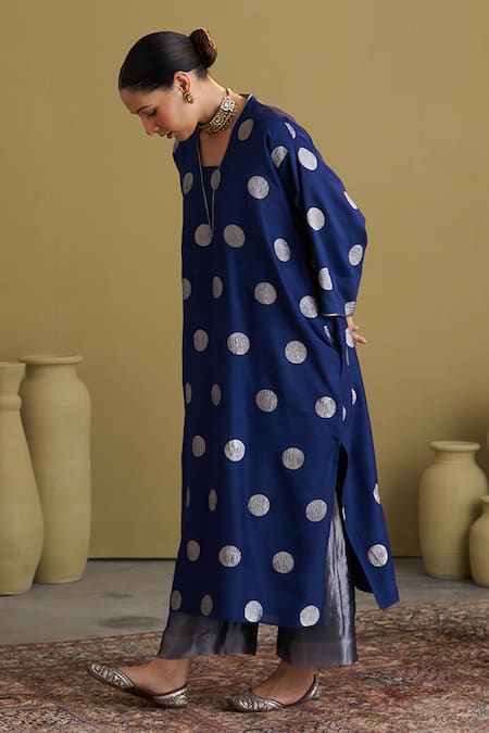 Shop_Vaaya_Navy Brocade, Silk, Tissue Piping Split V-neck Polka Dot Kurta And Pant Set _Online_at_Aza_Fashions