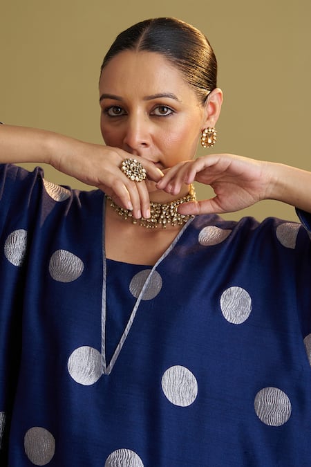 Buy_Vaaya_Navy Brocade, Silk, Tissue Piping Split V-neck Polka Dot Kurta And Pant Set 