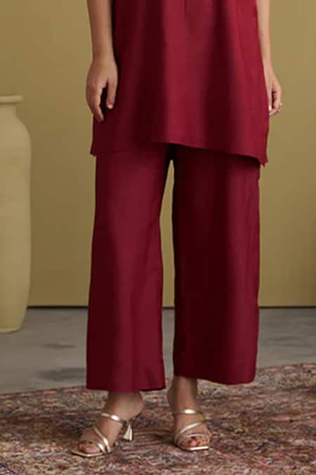 Shop_Vaaya_Burgundy Silk, Handloom Cotton V-neck Handwoven Sleeveless Tunic And Pant Set _Online_at_Aza_Fashions
