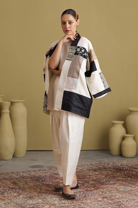 Shop_Vaaya_Ivory Silk, Brocade, Tissue Applique, Embroidery Mulberry Patchwork Jacket _Online_at_Aza_Fashions