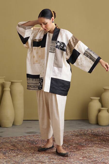 Vaaya_Ivory Silk, Brocade, Tissue Applique, Embroidery Mulberry Patchwork Jacket _at_Aza_Fashions