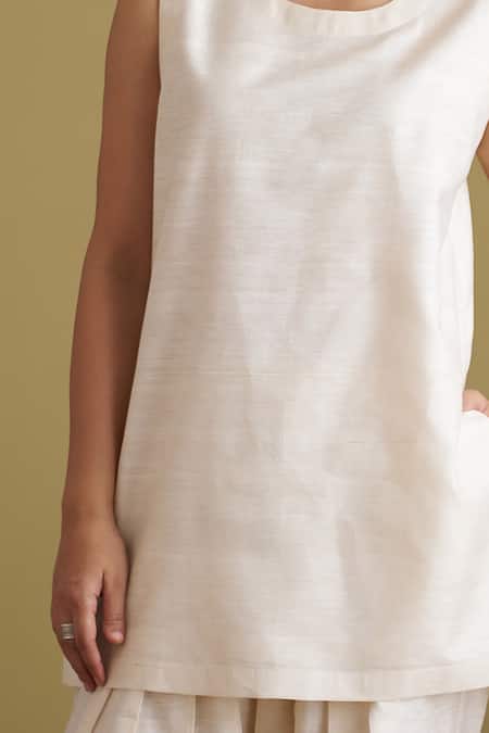 Vaaya_Ivory Silk Round Neck Mulberry Sleeveless Tunic With Pant _Online_at_Aza_Fashions