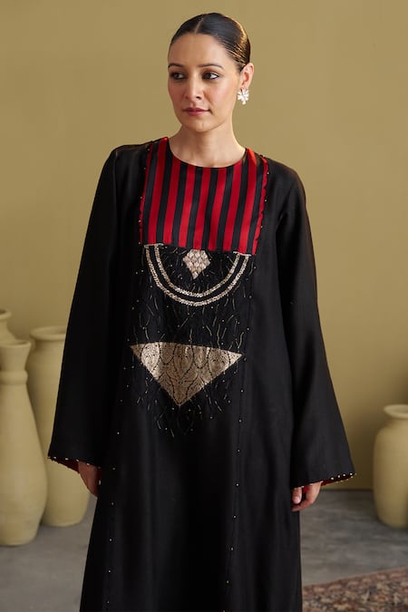 Shop_Vaaya_Black Handloom Cotton Beads, Embroidery Banarasi Katan Stripe Zardozi _Online_at_Aza_Fashions