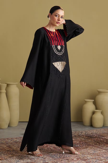 Vaaya_Black Handloom Cotton Beads, Embroidery Banarasi Katan Stripe Zardozi _at_Aza_Fashions
