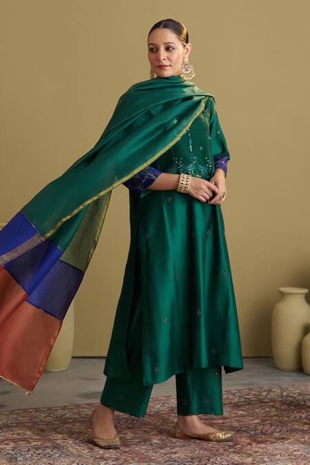 Shop_Vaaya_Green Chanderi , Embroidery, Mirrors, Morni Resham Abla Kurta Set 