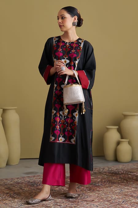 Vaaya Black Cotton Embroidery Round Handwoven Ikat And Kacha Tanka Kurta & Pant Set Online at Aza Fashions Vaaya_Black Cotton Embroidery Round Handwoven Ikat And Kacha Tanka Kurta & Pant Set _Online_at_Aza_Fashions