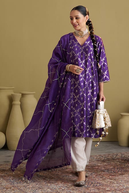 Vaaya_Purple Silk, Tissue, Chanderi Gota Patti, Sequins Banarasi Straight Kurta Set _at_Aza_Fashions