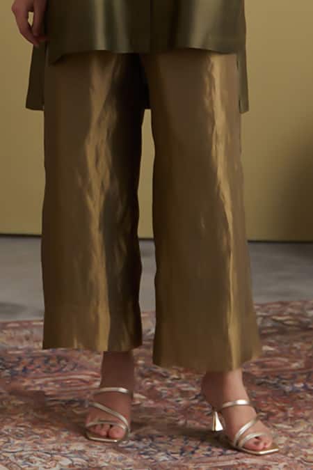 Vaaya_Olive Green Chanderi Silk, Tissue Sequins, Banarasi Reshmi And Tunic & Pant Set _Online_at_Aza_Fashions