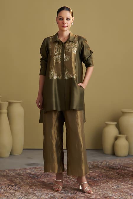 Buy_Vaaya_Olive Green Chanderi Silk, Tissue Sequins, Banarasi Reshmi And Tunic & Pant Set _Online_at_Aza_Fashions