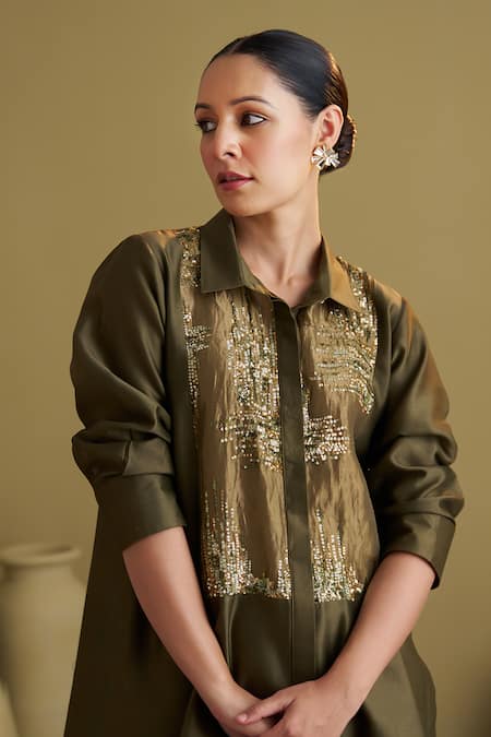 Buy_Vaaya_Olive Green Chanderi Silk, Tissue Sequins, Banarasi Reshmi And Tunic & Pant Set 