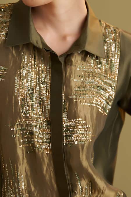 Shop_Vaaya_Olive Green Chanderi Silk, Tissue Sequins, Banarasi Reshmi And Tunic & Pant Set 