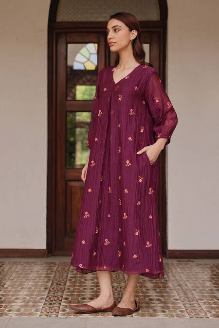 Vaayu_Purple Muslin, Cotton Embroidery V-neck Amethyst Bloom Dress _Online_at_Aza_Fashions