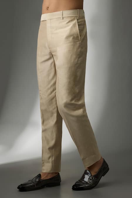 Buy_SALIL BHATIA_Beige , Chanderi Sequins, Embroidery Shaan Mahal Bandhgala Set _Online_at_Aza_Fashions