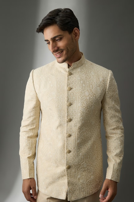 Shop_SALIL BHATIA_Beige , Chanderi Sequins, Embroidery Shaan Mahal Bandhgala Set _Online_at_Aza_Fashions