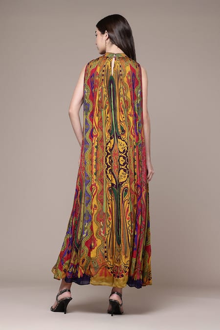 Shop Ritu Kumar Multi Color Viscose Chinon Ruhi Paisley Print Sleeveless A-line Long Dress at Aza Fashions Shop_Ritu Kumar_Multi Color Viscose Chinon Ruhi Paisley Print Sleeveless A-line Long Dress _at_Aza_Fashions