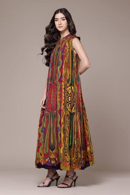 Ritu Kumar Multi Color Viscose Chinon Ruhi Paisley Print Sleeveless A-line Long Dress at Aza Fashions Ritu Kumar_Multi Color Viscose Chinon Ruhi Paisley Print Sleeveless A-line Long Dress _at_Aza_Fashions