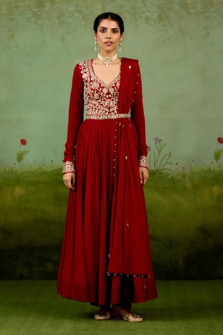 Shyam Narayan Prasad Maroon Embroidered Anarkali Set 