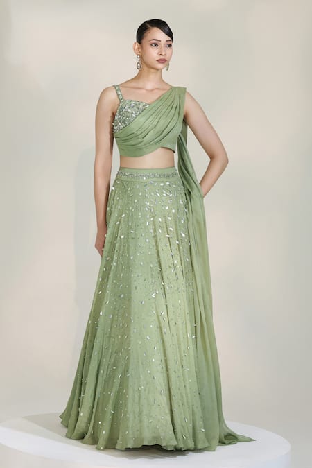 Libas Cafe by Nidhi & Ashish Sage Luxe Embroidered Draped Lehenga With Blouse 