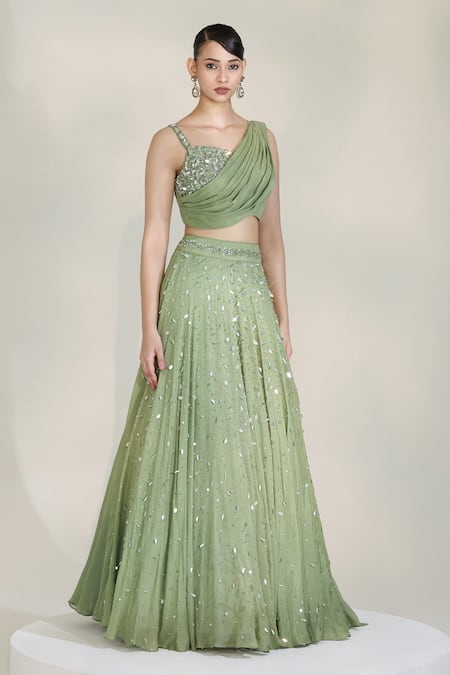 Libas Cafe by Nidhi & Ashish_Green Crepe Sequins, Embroidery Sweetheart Sage Luxe Draped Lehenga With Blouse _Online_at_Aza_Fashions