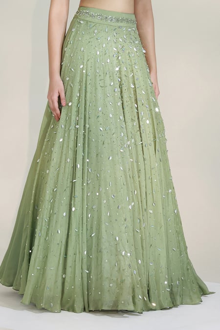 Buy_Libas Cafe by Nidhi & Ashish_Green Crepe Sequins, Embroidery Sweetheart Sage Luxe Draped Lehenga With Blouse _Online_at_Aza_Fashions