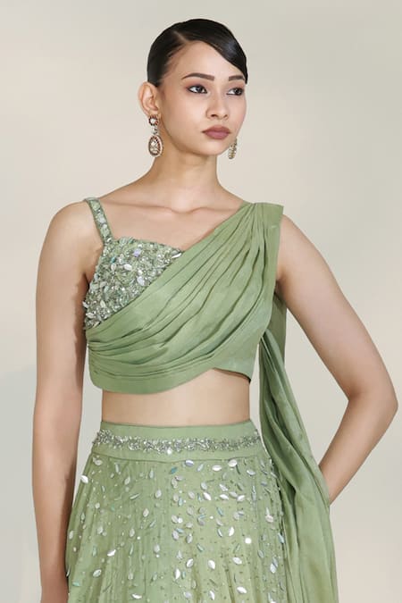 Shop_Libas Cafe by Nidhi & Ashish_Green Crepe Sequins, Embroidery Sweetheart Sage Luxe Draped Lehenga With Blouse _Online_at_Aza_Fashions
