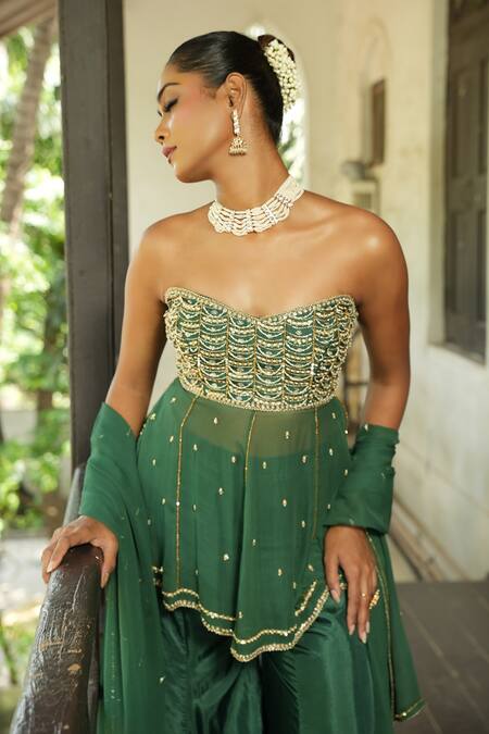 Enamour By Radha_Green Georgette, Silk Beads, Pearls, Embroidery, Strapless Kurta Sharara Set _Online_at_Aza_Fashions