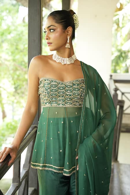Enamour By Radha_Green Georgette, Silk Beads, Pearls, Embroidery, Strapless Kurta Sharara Set _at_Aza_Fashions