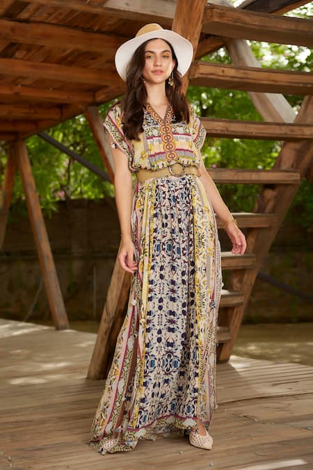 Bhanuni By Jyoti Multi Color Viscose Crepe Round Neck Printed Kaftan 