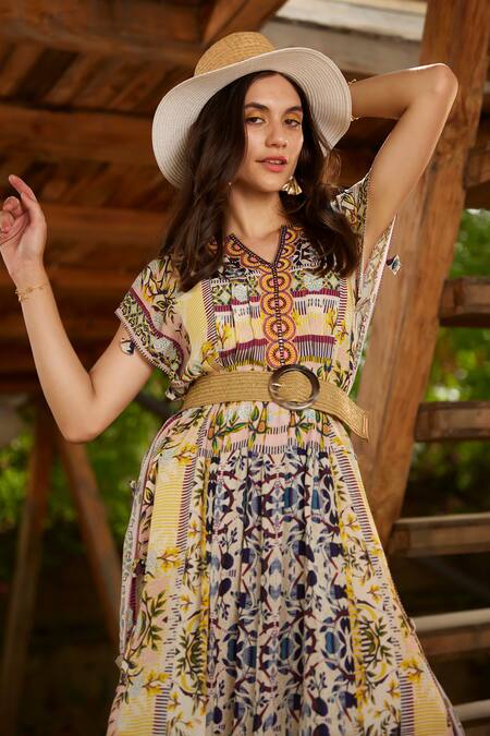 Buy Bhanuni By Jyoti Multi Color Viscose Crepe Round Neck Printed Kaftan Online at Aza Fashions Buy_Bhanuni By Jyoti_Multi Color Viscose Crepe Round Neck Printed Kaftan _Online_at_Aza_Fashions