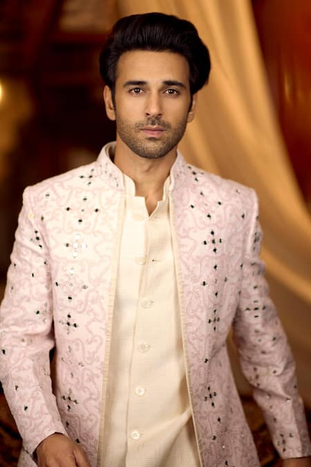 Shop_Nafs_Pink Tussar, Tissue Embroidery, Mirrors Silk Jacket And Bundi Set _Online_at_Aza_Fashions