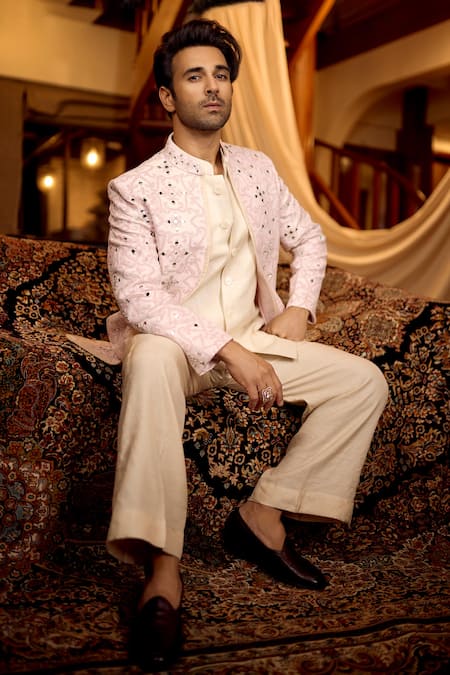 Nafs_Pink Tussar, Tissue Embroidery, Mirrors Silk Jacket And Bundi Set _at_Aza_Fashions