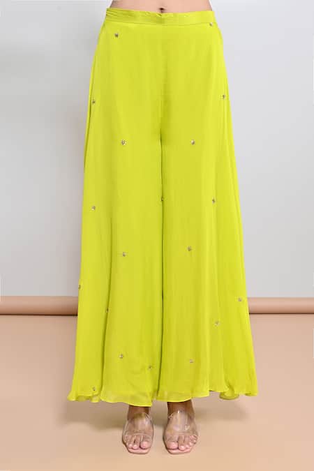 Shop_Keith Gomes_Lime Crepe, Silk Organza Sequins, Embroidery V-neck Flower Kaftan And Palazzo Set _Online_at_Aza_Fashions