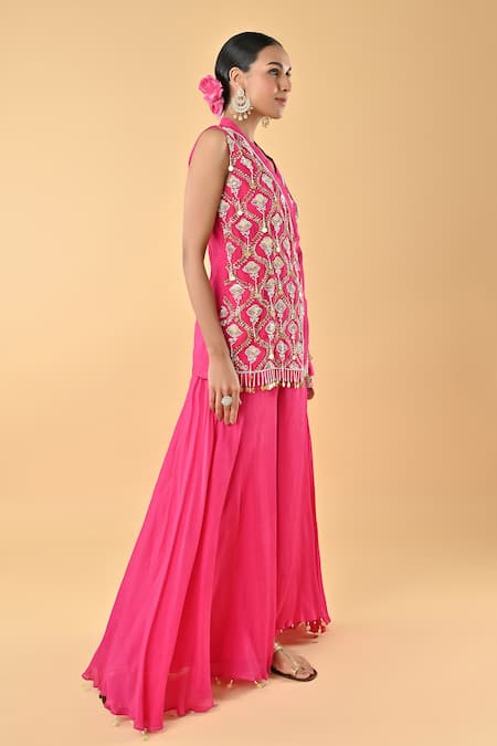 Keith Gomes_Pink Chiffon, Crepe Sequins, Tassels, Embroidery, Overlap Tunic And Palazzo Set _Online_at_Aza_Fashions