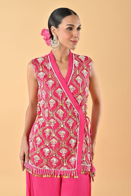 Buy_Keith Gomes_Pink Chiffon, Crepe Sequins, Tassels, Embroidery, Overlap Tunic And Palazzo Set _Online_at_Aza_Fashions