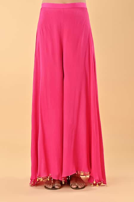 Shop_Keith Gomes_Pink Chiffon, Crepe Sequins, Tassels, Embroidery, Overlap Tunic And Palazzo Set _Online_at_Aza_Fashions