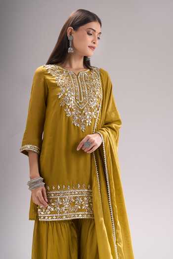 Buy Samyukta Singhania Olive Green Chanderi Gota Patti, Lace Notched Neck Leaf Motif Kurta Sharara Set Buy_Samyukta Singhania_Olive Green Chanderi Gota Patti, Lace Notched Neck Leaf Motif Kurta Sharara Set