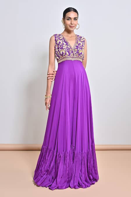 Buy_Keith Gomes_Purple Chiffon, Crepe Embroidery, Beads, Zari V-neck Zardozi Flare Jumpsuit _Online_at_Aza_Fashions