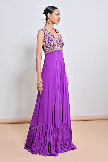 Shop_Keith Gomes_Purple Chiffon, Crepe Embroidery, Beads, Zari V-neck Zardozi Flare Jumpsuit _Online_at_Aza_Fashions