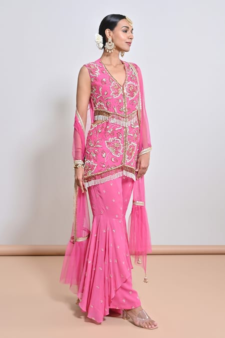 Keith Gomes_Pink Georgette, Net Beads, Mirrors, Embroidery V-neck And Tunic Gharara Set _Online_at_Aza_Fashions